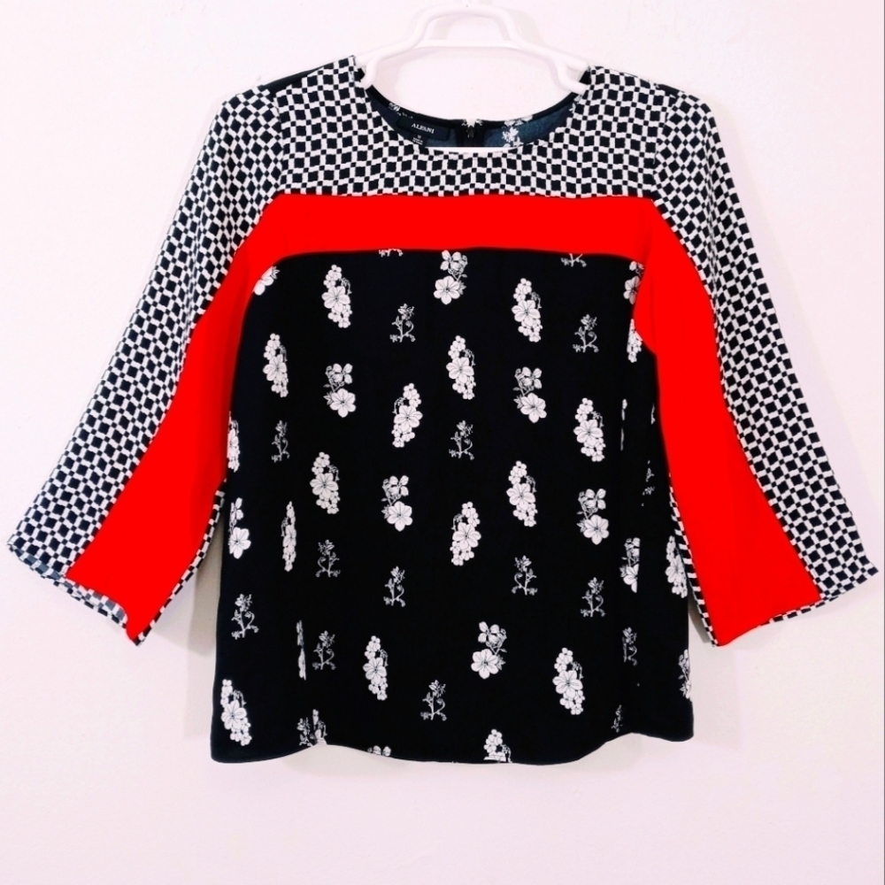 Colorblock Floral Mixed-Print Top in Black, White & Red